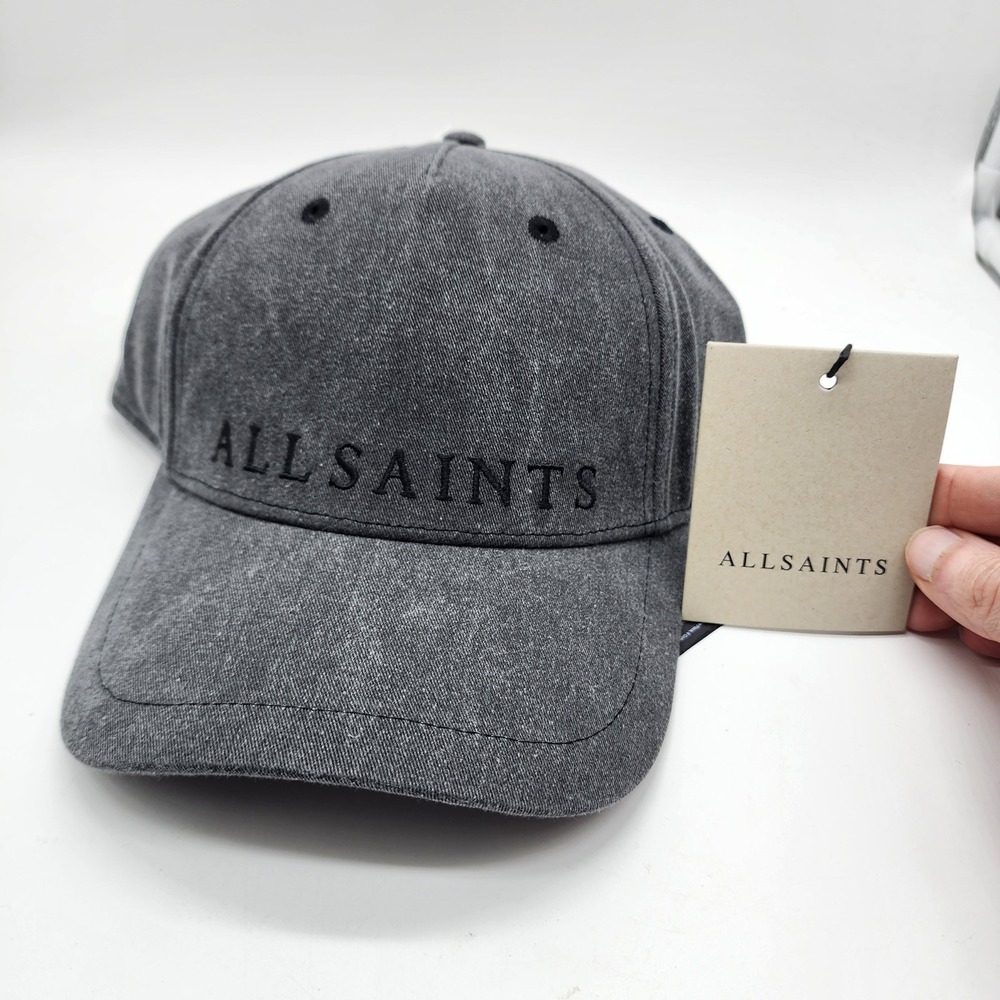 AllSaints Large Logo Baseball Cap Unisex OS Washed Black Cotton Adjustable NWT